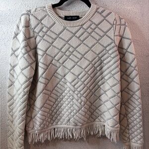 Ivanka Trump Textured Cream and Gray Sweater with Fringe